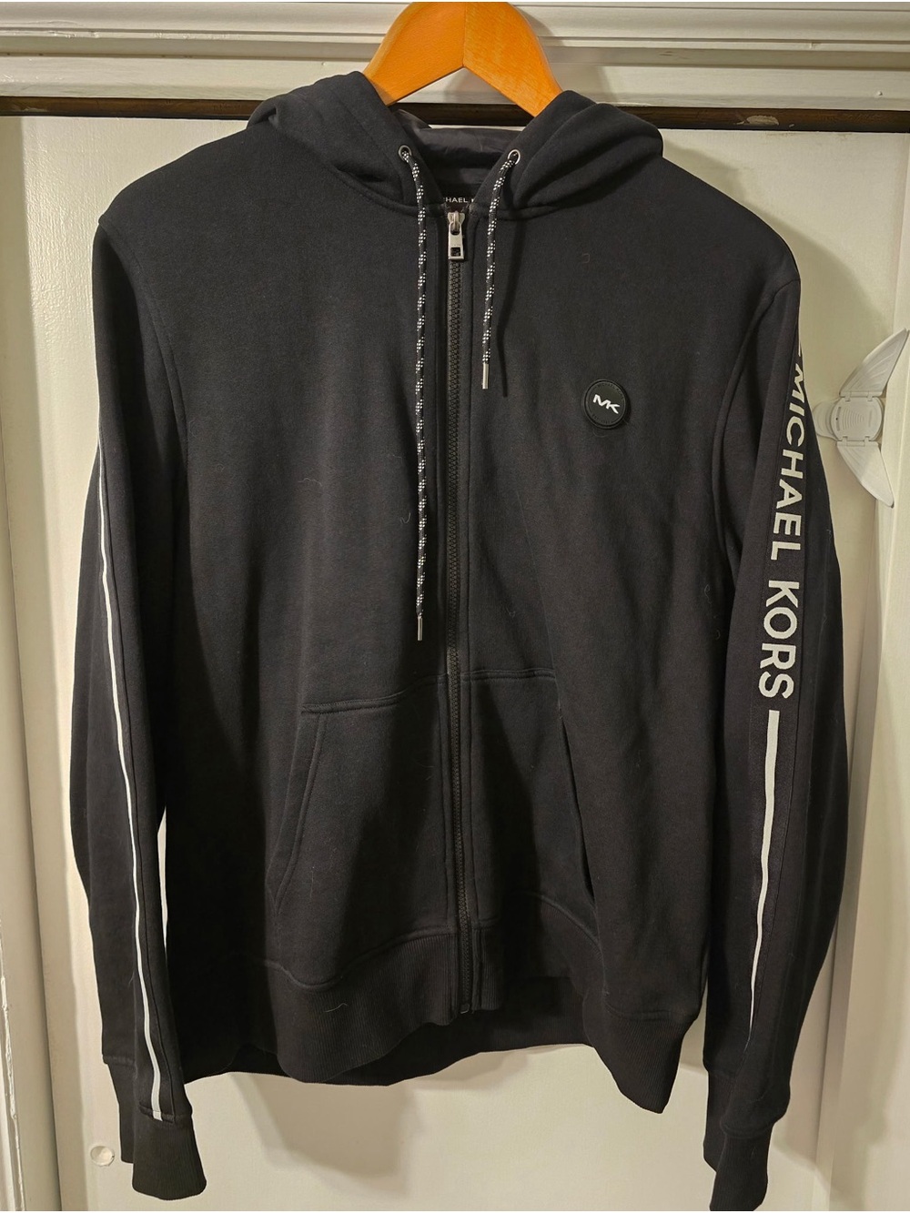 Michael Kors Black Men’s Zip-Up Hooded Sweater with Sleeve Logo